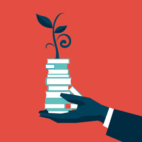 a hand holding a stack of books icon