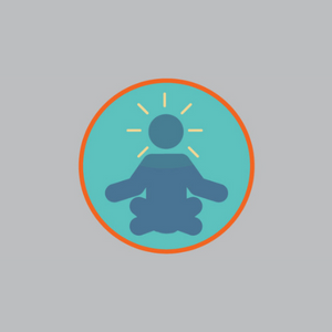 blue meditating thinking icon in a blue circle.
