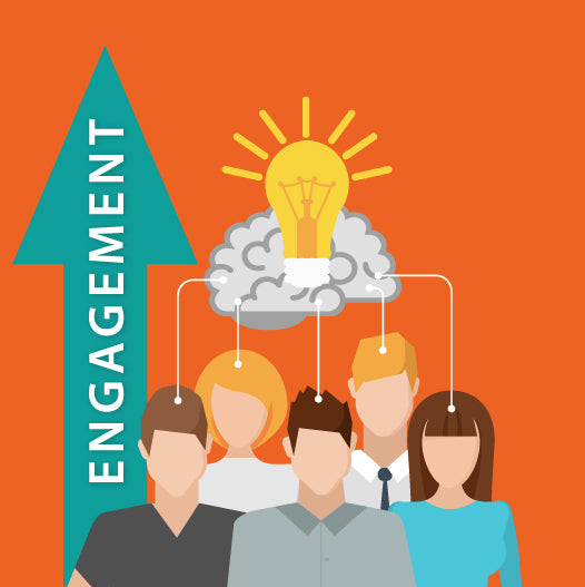 image of 5 people with a lightbulb above their heads and an error going upward that says engagement