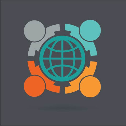 4 people huddled around the earth icon
