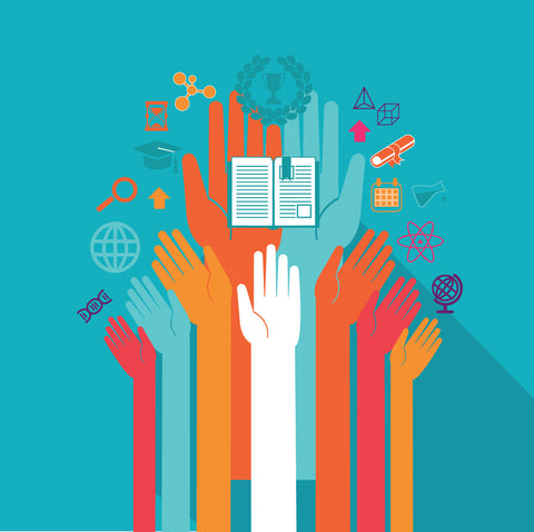 different colored hands all reaching up toward academic and student success icons