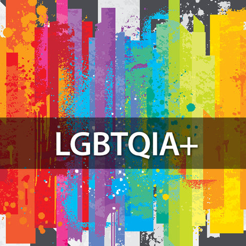 LGBTQIA plus words on a multicolored background.