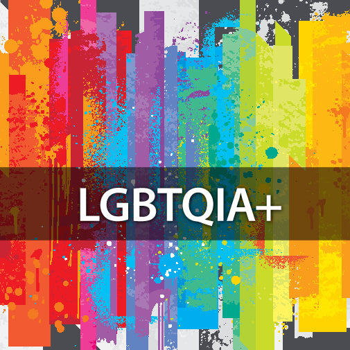 LGBTQIA+ text on a rainbow colored background.