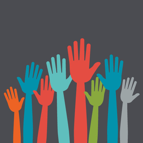 a group of multicolored raised hands icon