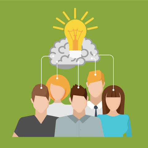 Group of students with a lightbulb above them on a green background.
