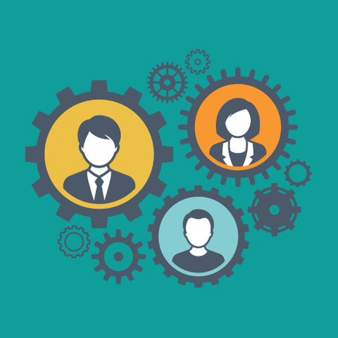 Green background with three cogs. Inside the cogs are people.