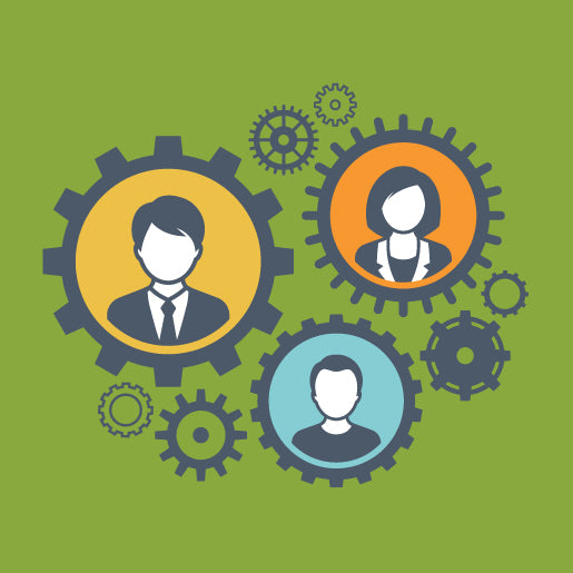 three people inside interconnected gears