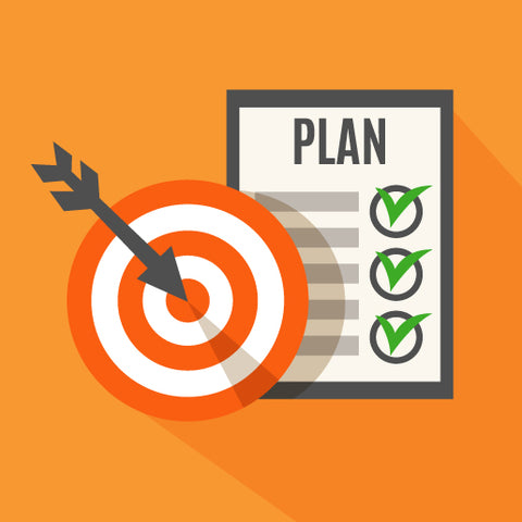Orange background. Black dart in the center of a red target. Three green checkmarks on a white paper with the word Plan.