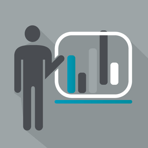 person pointing at bar graph icon