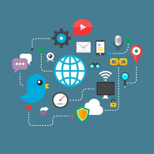 Thumbs up symbol surrounded by various social media icons, messages, and interaction symbols