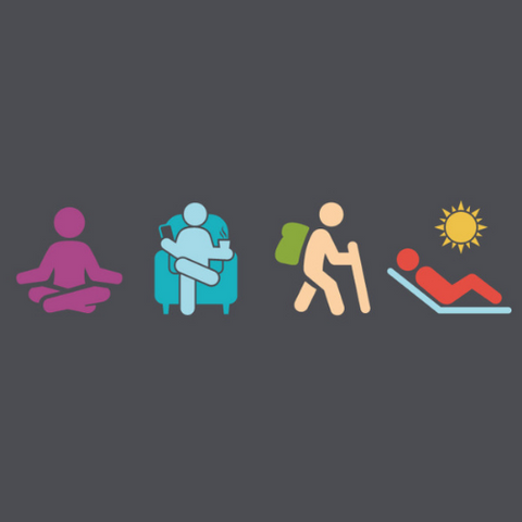 four human icons representing yoga, chilling in a chair, hiking and sunbathing.