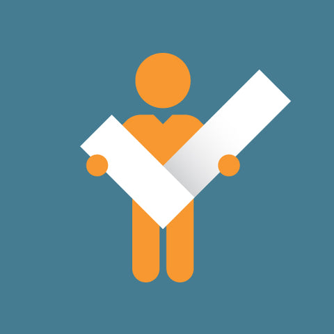 Orange mascot person holding a white checkmark on a blue background.