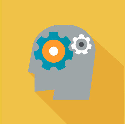 Image of a person with gears in yellow background.