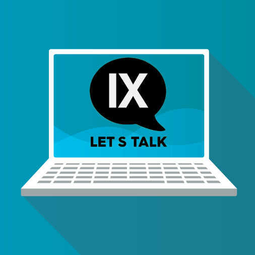 Illustration of a laptop displaying a speech bubble with 'IX' and the text 'LET'S TALK' on the screen