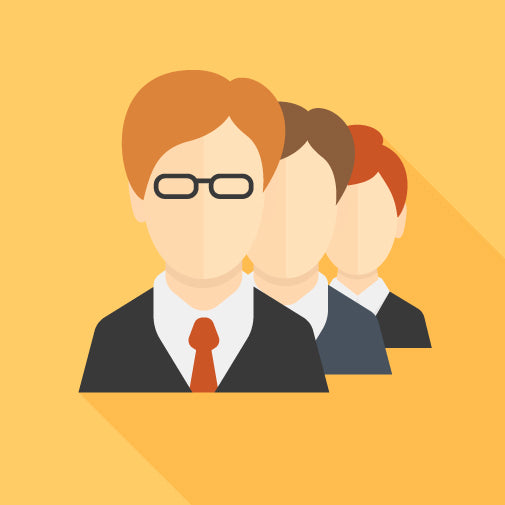 Three figures in business attire, with the front figure wearing glasses